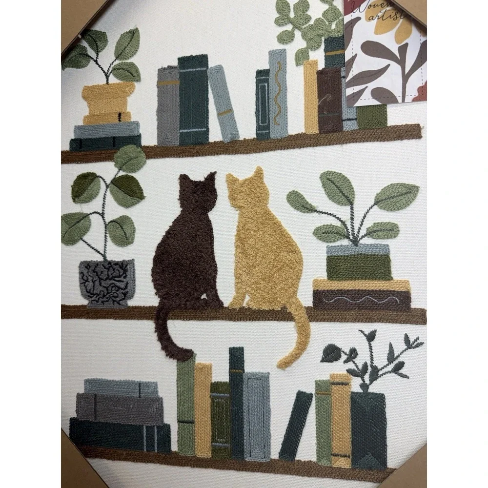 BP Home Woven Embroidered Textile Wall Art Plants Cat Books  15 X 19 Set Of 2